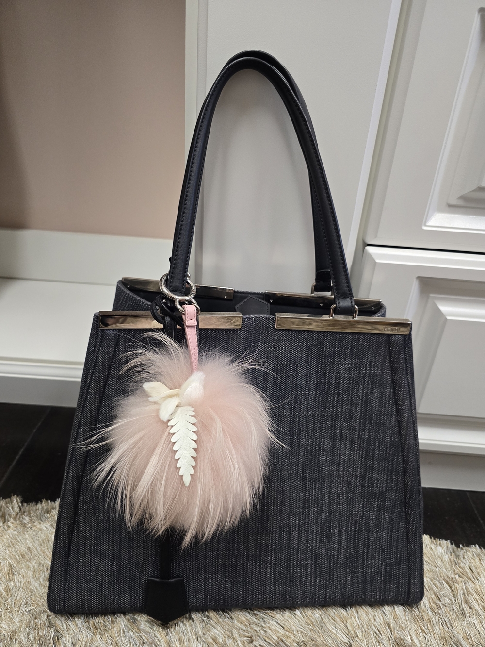 Fendi Black Structured Satchel with Pink Fur Pom Charm